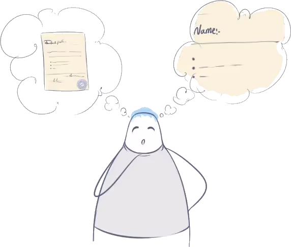 Illustration of a person standing there thinking about if they can change their name in the UK by Deed Poll, there are cloud thinking bubbles floating near his head with images of Deed Poll documents in them, and the expression on his face is of thought, with the hand coming to touch the chin - Can I change my name by Deed Poll in the UK?