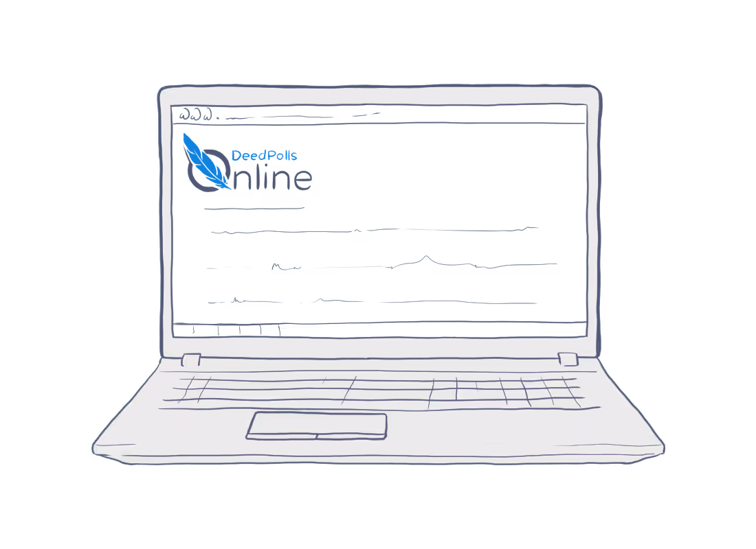 A silver laptop with the Deed Polls Online website on the display - Apply Online