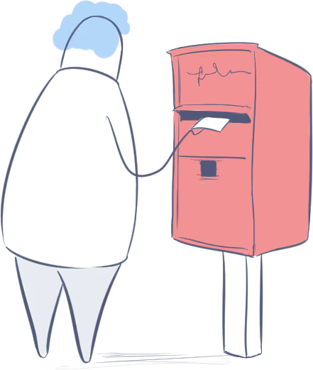 Illustration of a Deed Polls Online staff member posting Deed Poll documents in a Red Royal Mail Letterbox