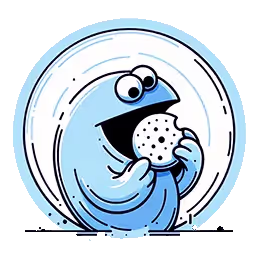 Blue cartoon character with big eyes eating a cookie with black dots.
