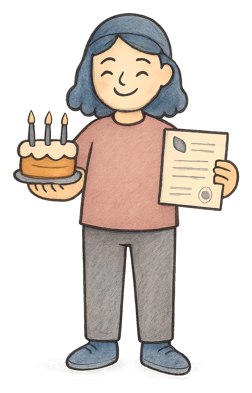 A drawing of a teenager holding a deed poll and a birthday cake