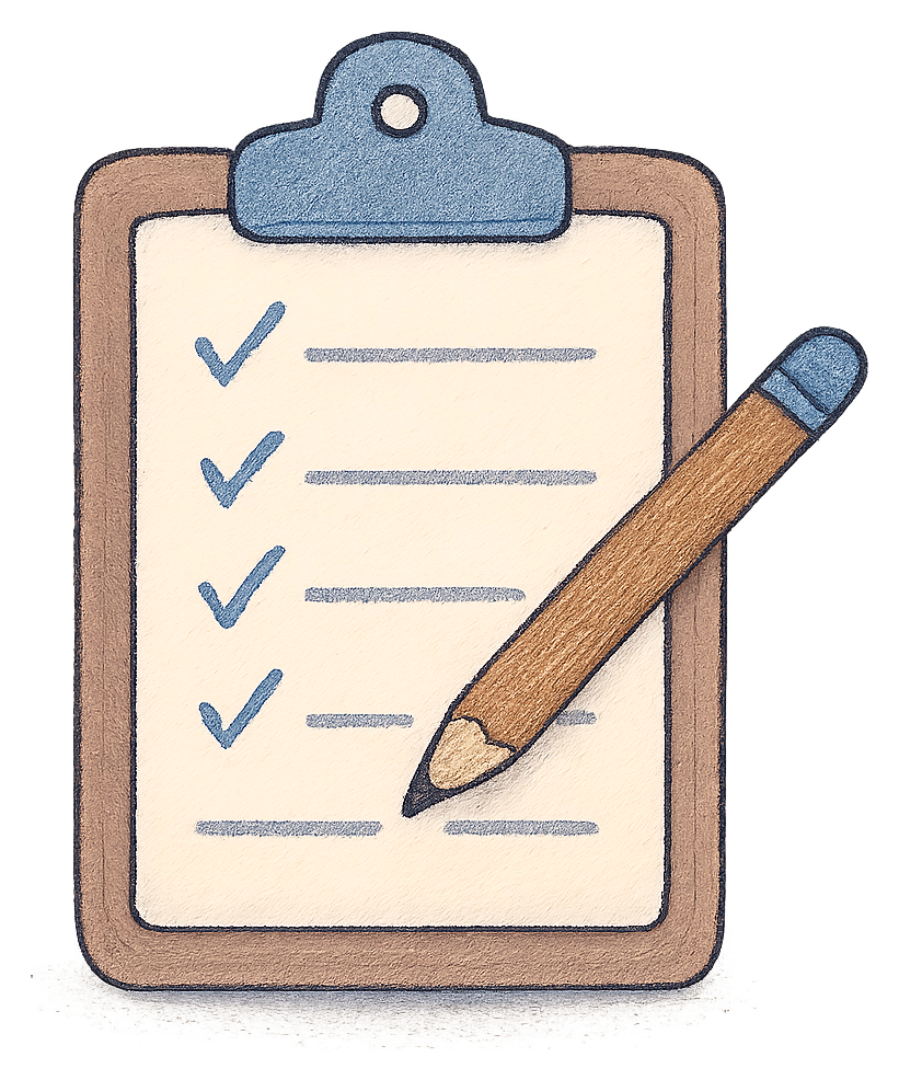A clipboard checklist with ticks and a pencil